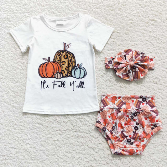 GBO0182 it's fall y'all Pumpkin White Short Sleeve Brief Set+BOW