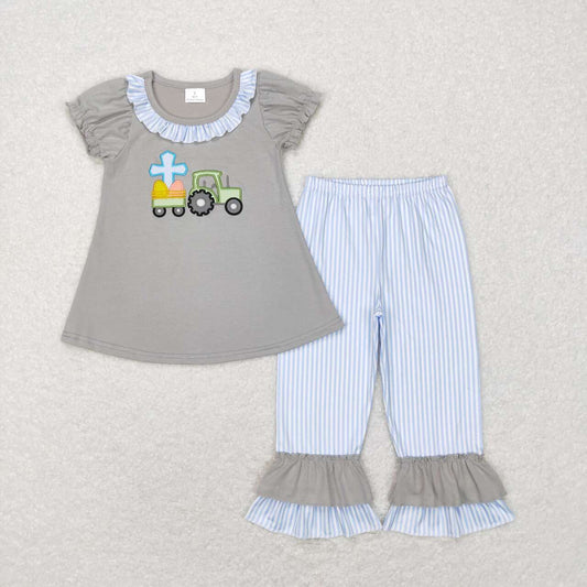 GSPO0973 Embroidered cross tractor lace gray short-sleeved blue and white striped trousers suit