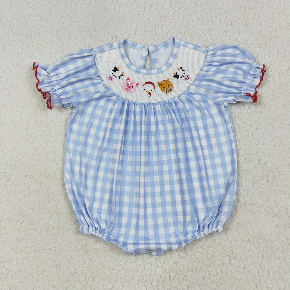 SR2981  Baby Infant Girls Blue Plaid Cows Pigs Farm Smocked Rompers D 6.24