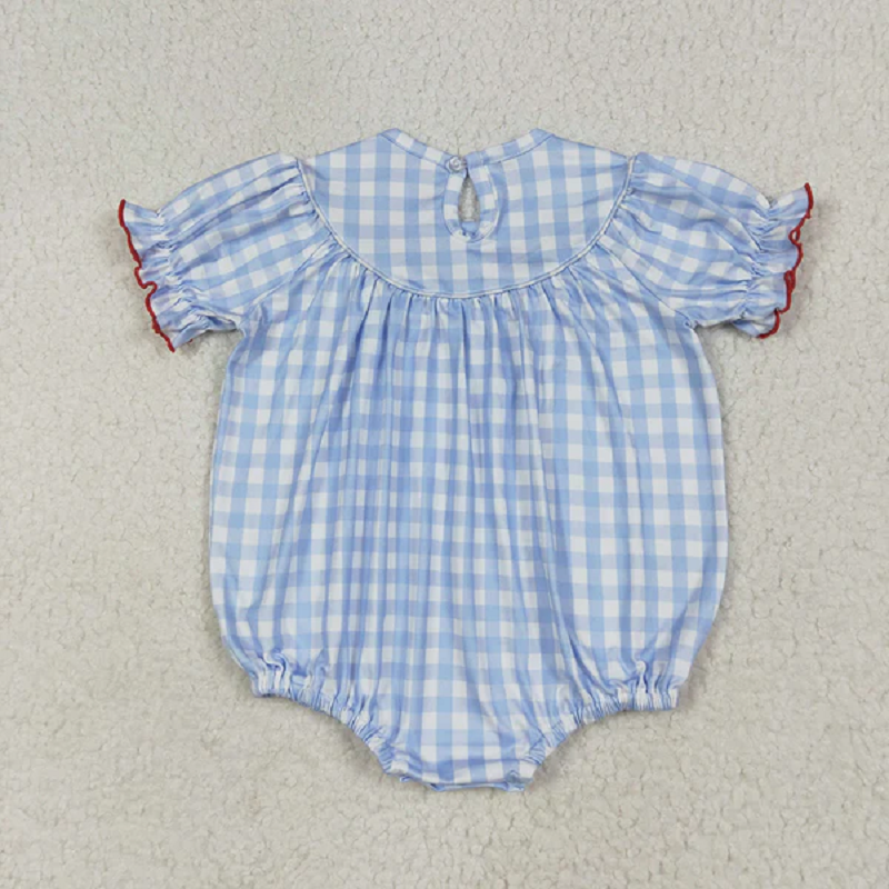 SR2981  Baby Infant Girls Blue Plaid Cows Pigs Farm Smocked Rompers D 6.24