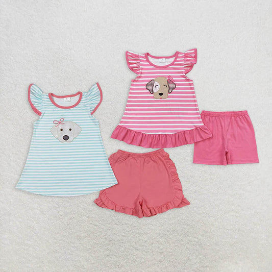 Sibling Baby Girls Stripes Bows Dog Tunic Top Ruffle Shorts Clothes Sets D 7.8