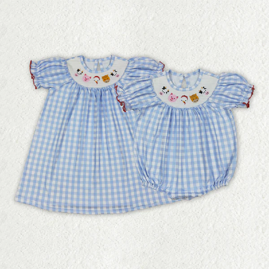 Sibling Baby Girls Blue Plaid Cows Pigs Farm Smocked Rompers Dresses D 6.24
