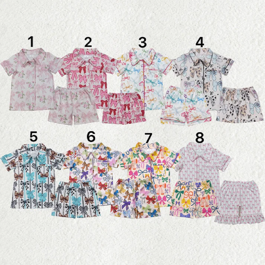 Match Baby Girls Colorful Bows Buttons Shirt Shorts Pajamas Clothes Sets D 5.26
