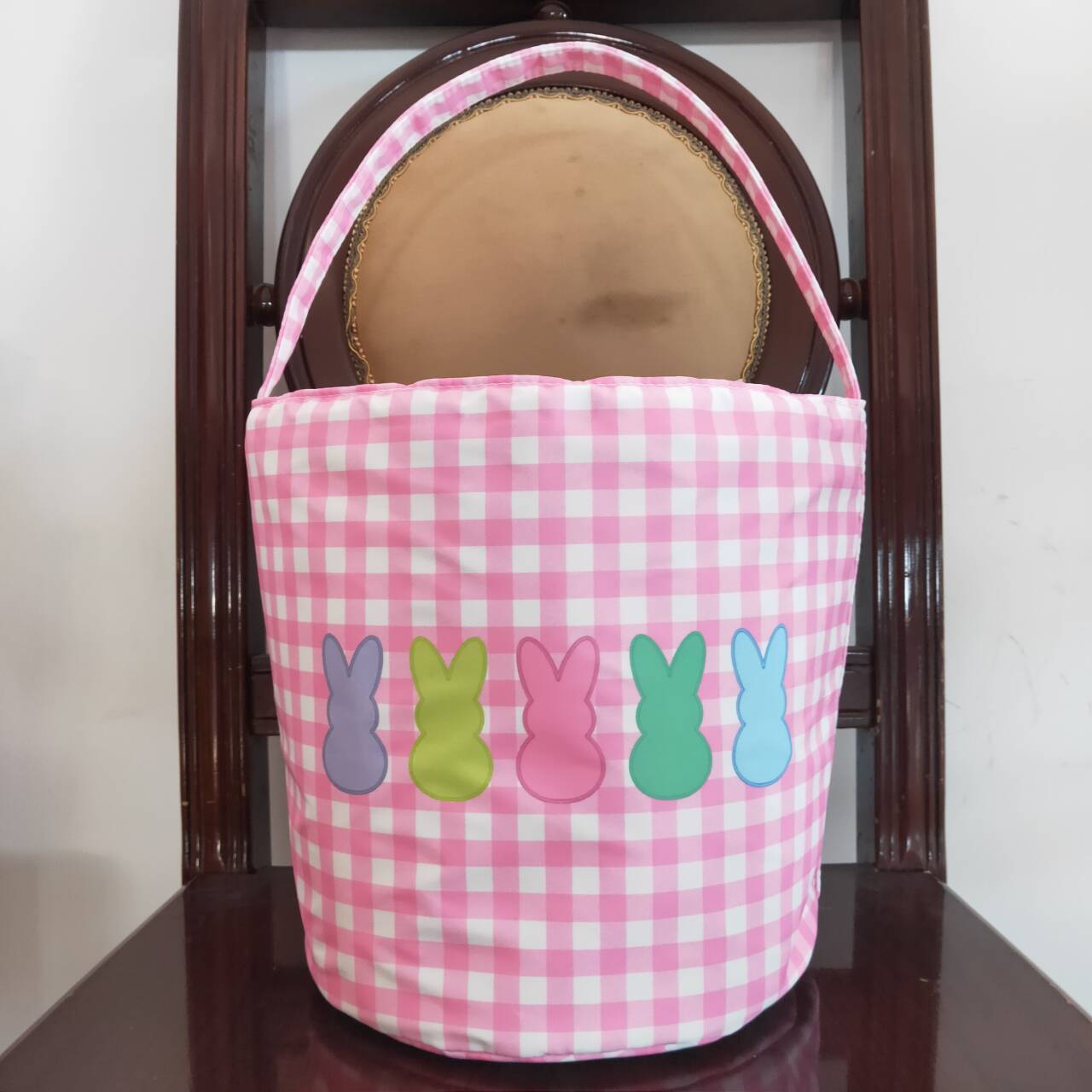 BA0160 Colorful rabbit pink and white plaid lace bucket bag