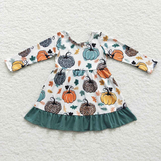GLD0223 Leopard Print Color Pumpkin Green Lace Long Sleeve Dress