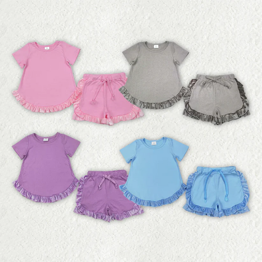 Cotton solid velvet ruffle shorts set