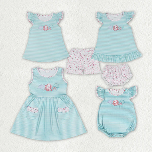 Match Baby Girls Blue Stripes Octopus Sibling Sister Clothes Sets