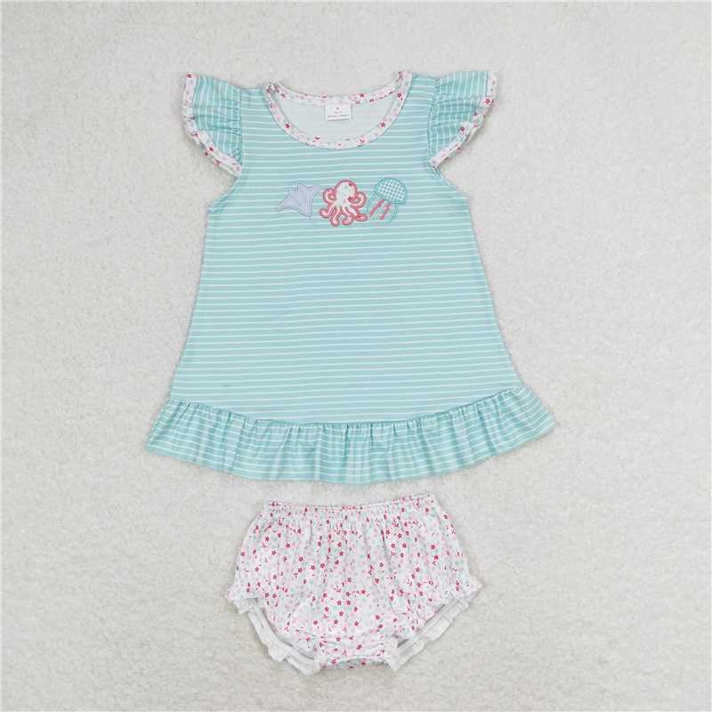 Match Baby Girls Blue Stripes Octopus Sibling Sister Clothes Sets