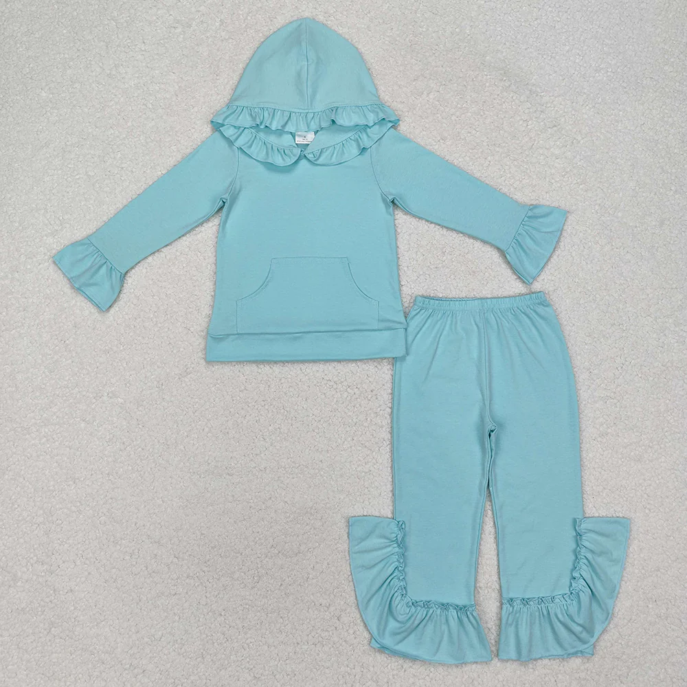match 5 Colors Cotton Sibling Baby Girls Hooded Ruffle Top Bell Pants Clothes Sets
