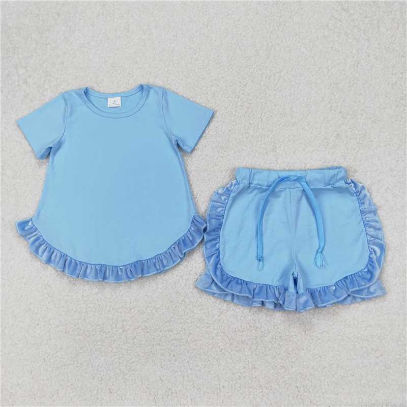 Cotton solid velvet ruffle shorts set