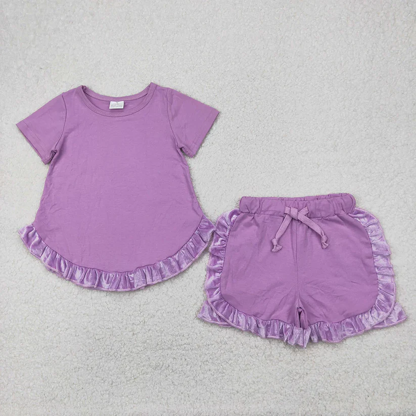 Cotton solid velvet ruffle shorts set