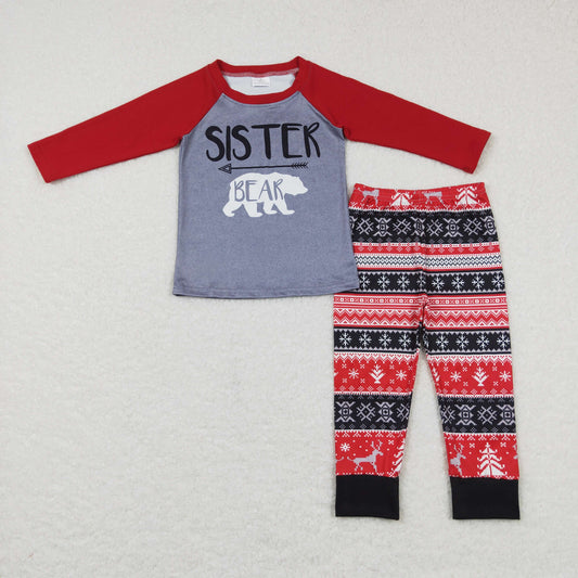 GT0390 sister bear polar bear red gray long sleeve top+P0342 Snowflake Reindeer Red and Black Pants Suit