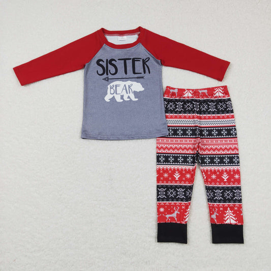 GLP0987 GT0390 sister bear polar bear red gray long sleeve top+P0342 Snowflake Reindeer Red and Black Pants Suit