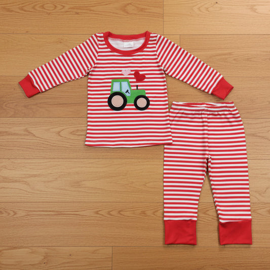 kids red stripe valentine's heart tractor embroidery pajama
