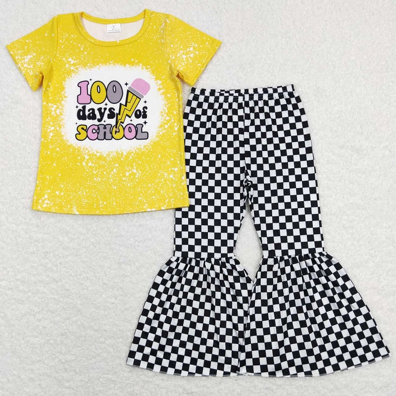 GSPO1256 Pencil yellow short-sleeved top GT0387+Black and white checked milk silk trousers	 P0146