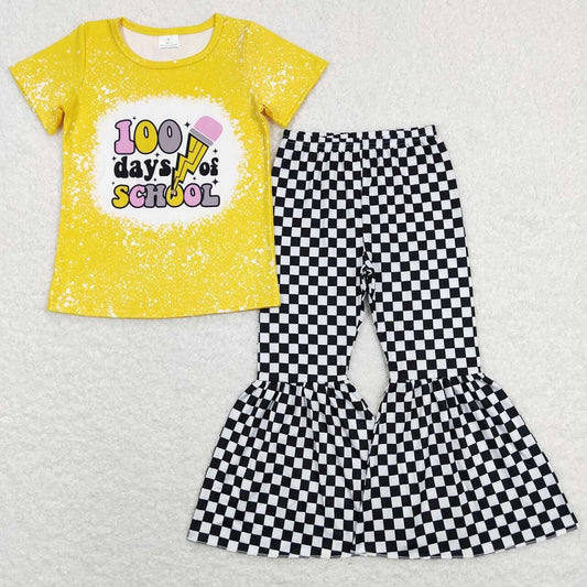 GSPO1256 Pencil yellow short-sleeved top GT0387+Black and white checked milk silk trousers P0146
