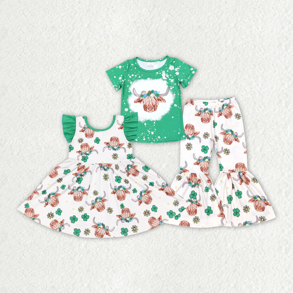 Match Baby Girls St Patrick Highland Cow Dresses Outfits Suits