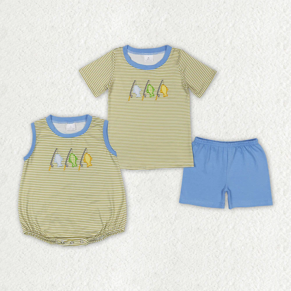 Match Baby Boys Stripes Fishing Sibling Embroidery Summer Rompers Clothes Sets