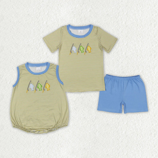 Match Baby Boys Stripes Fishing Sibling Embroidery Summer Rompers Clothes Sets