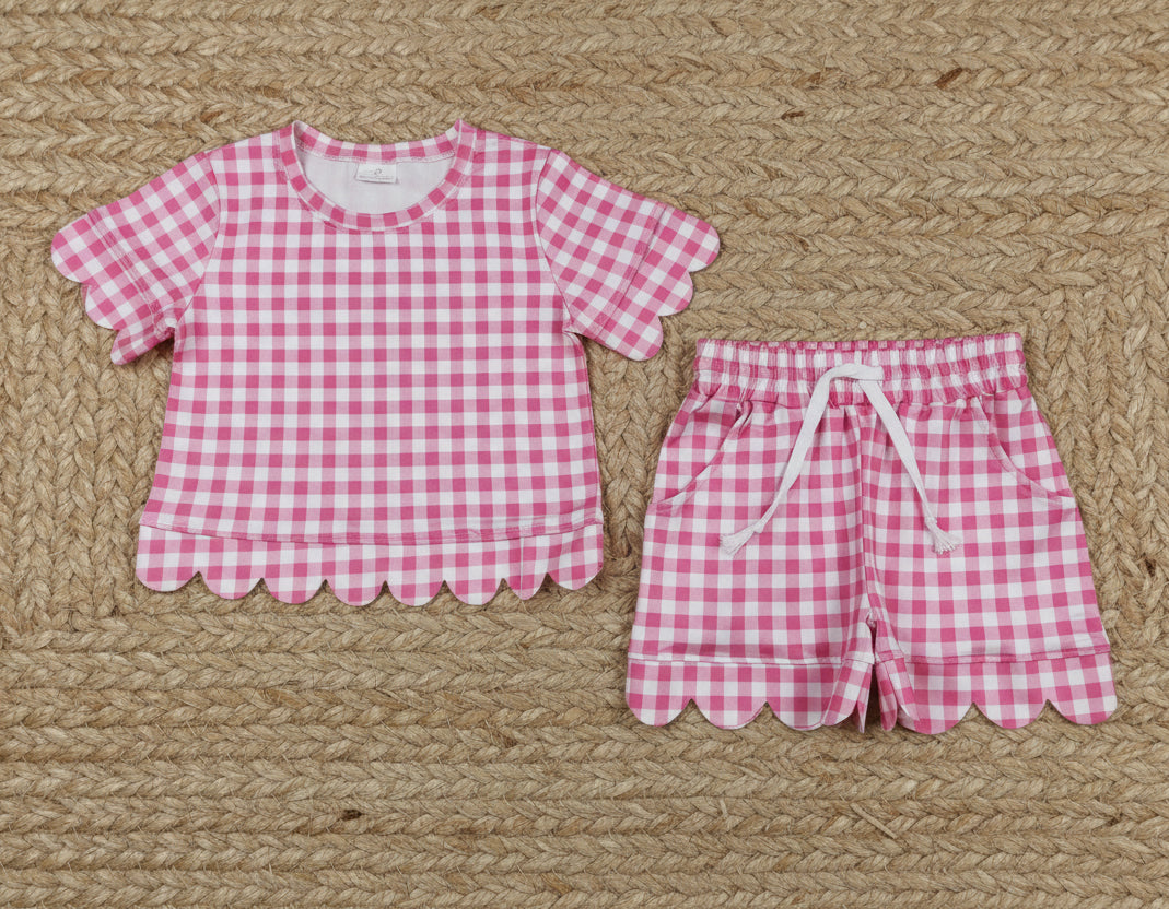 pink plaid gingham scallop shorts set summer clothing