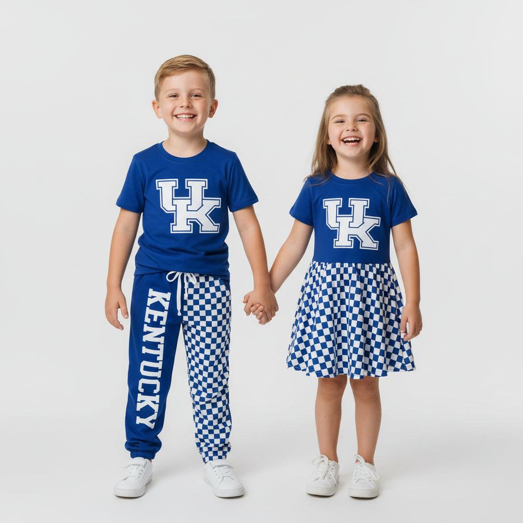 digital print UK blue check kids outfit