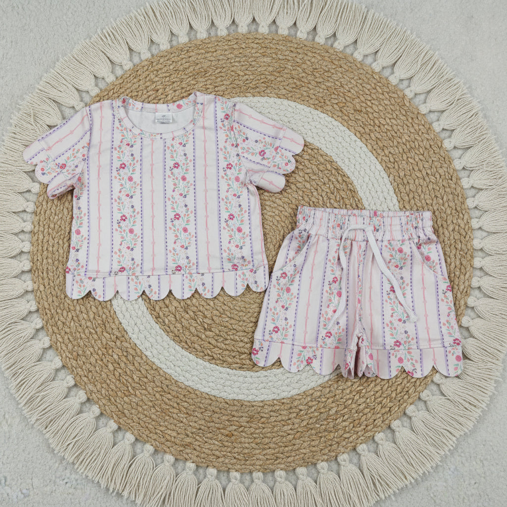 striped floral scallop shorts set summer girl clothing