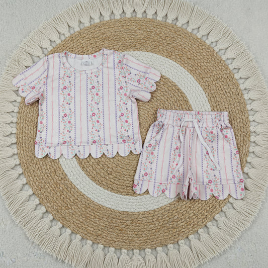striped floral scallop shorts set summer girl clothing