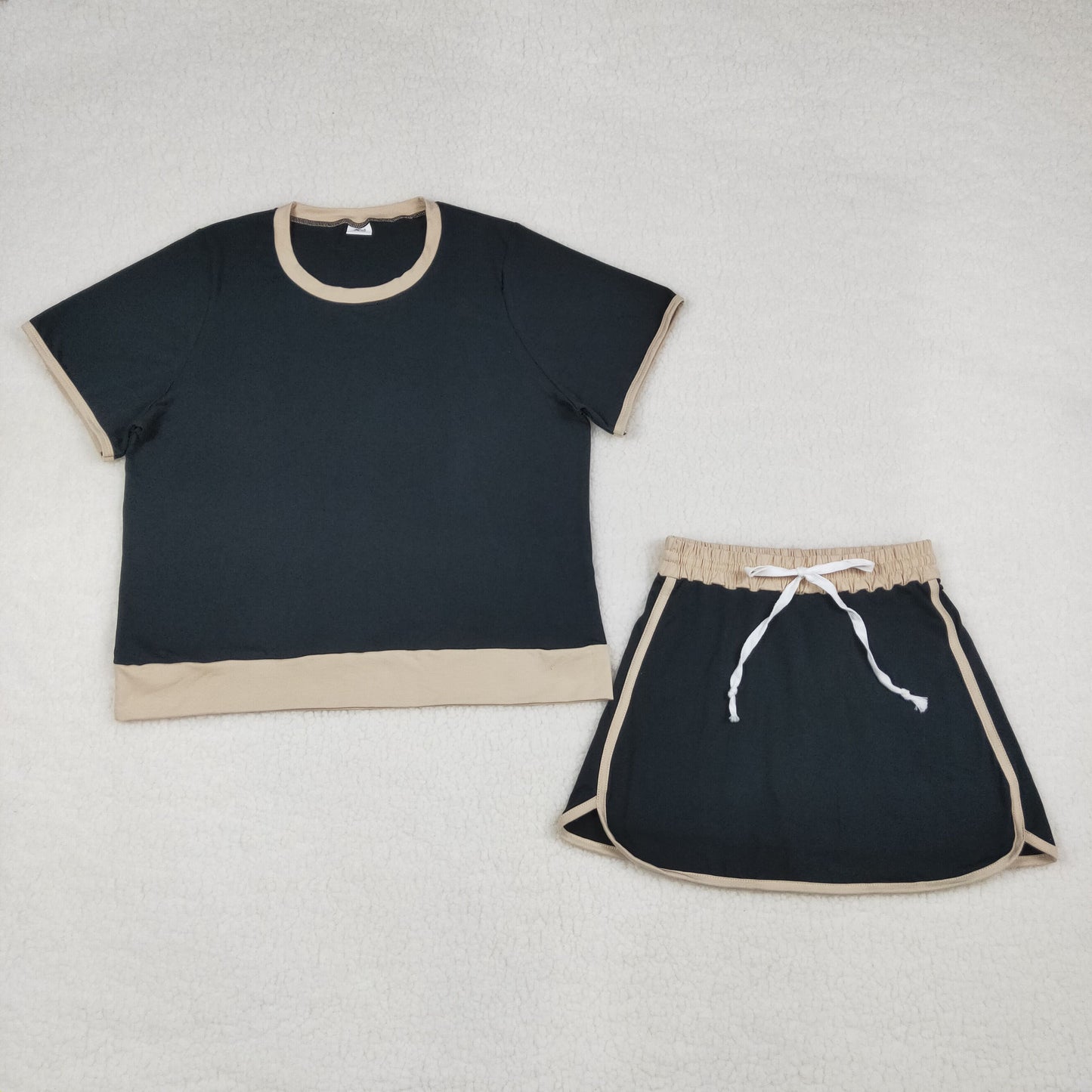 adult clothes women solid black gold cotton skort set