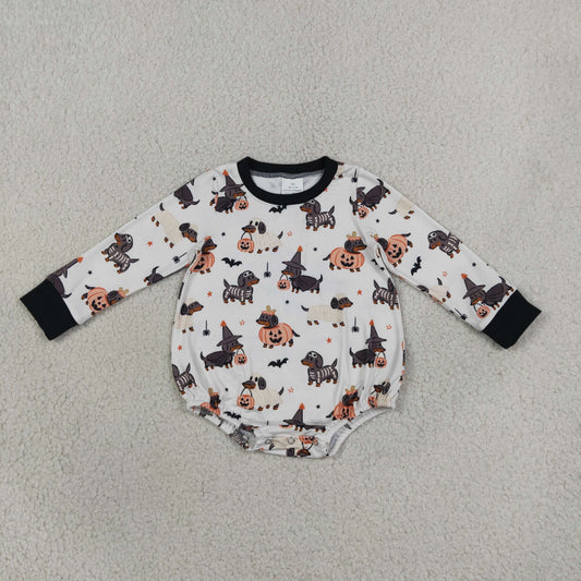 LR3238 Halloween orange and black dachshund dogs boy romper