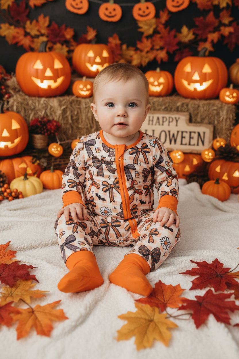 LR3161 orange halloween bow zipper sleeper baby clothing