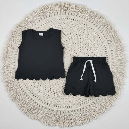 solid cotton black scallop shorts set girl clothing