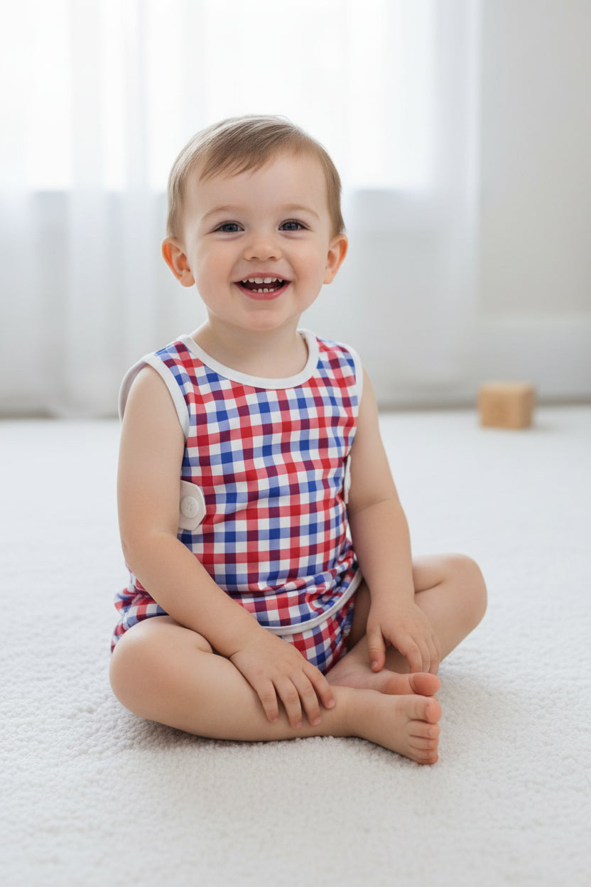 sleeveless red white blue gingham bummie set