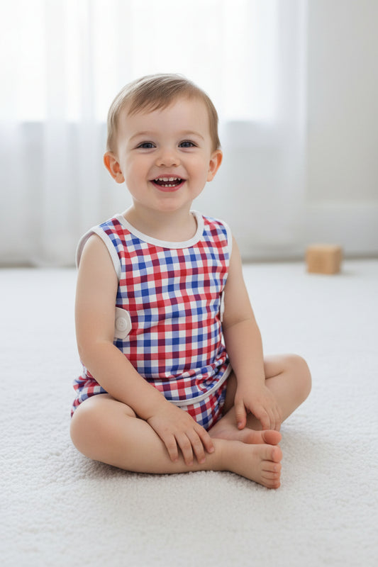 sleeveless red white blue gingham bummie set