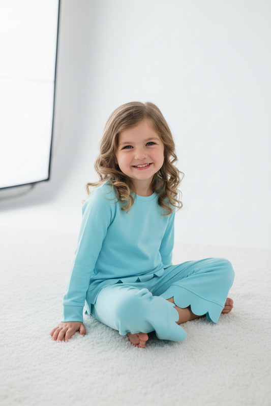 long sleeve cotton blue scallop pants outfit
