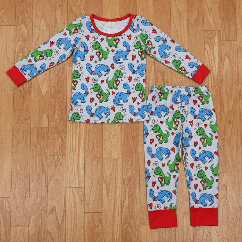 boy long sleeve valentine dinosaur bamboo pajama set