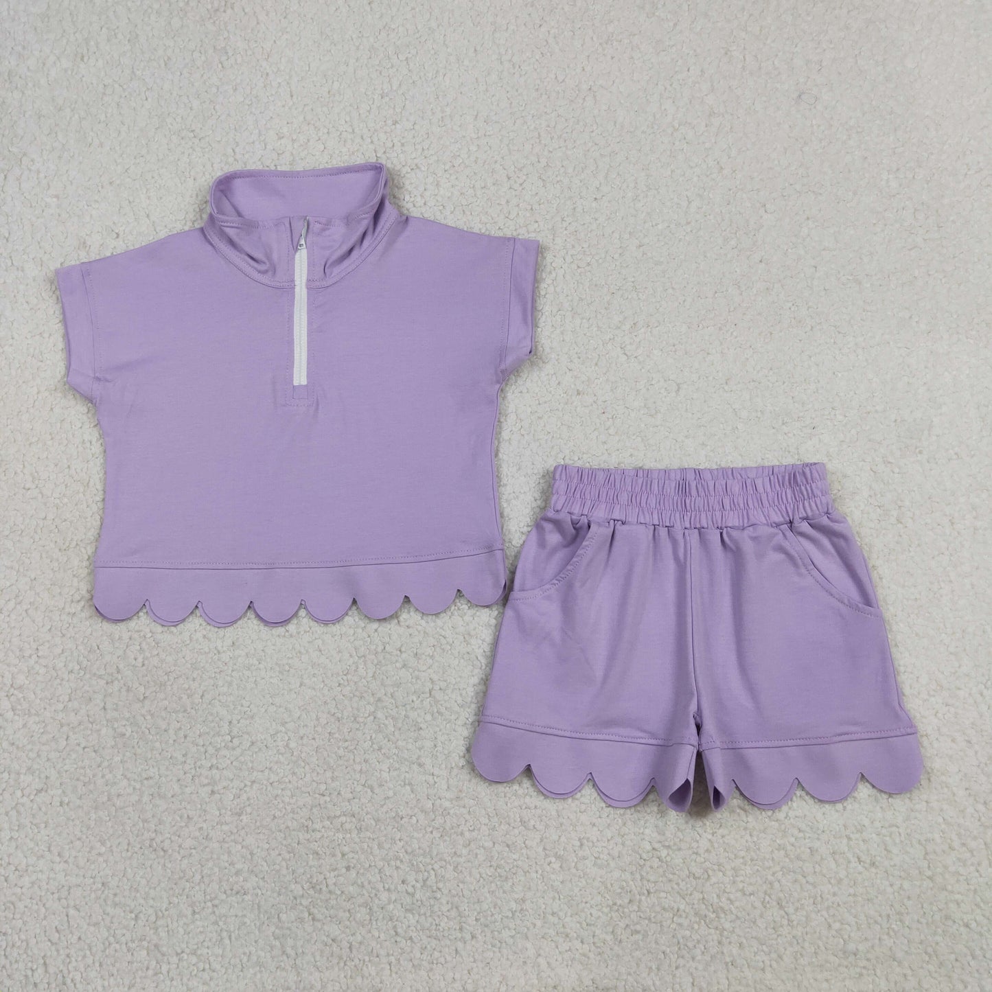 solid cotton purple zipper scallop shorts set summer girl clothing