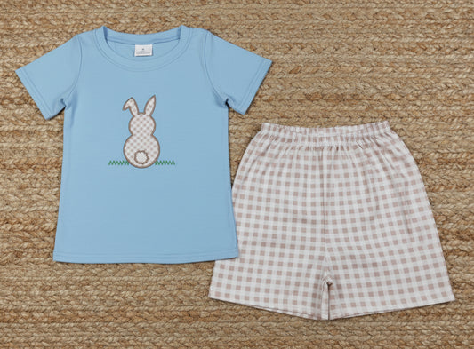 gingham bunny embroidery boy shorts set easter clothes