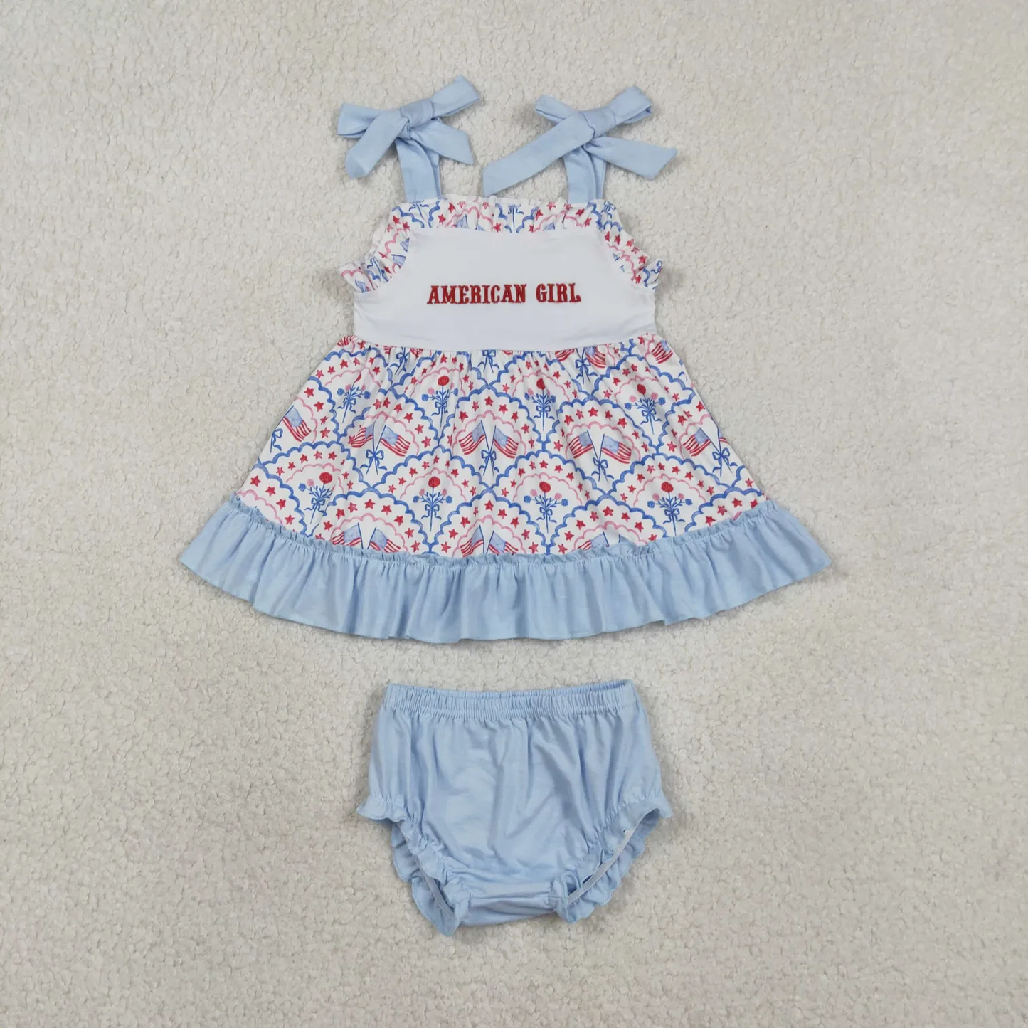 Sibling embroidery 4th of july girl clothes american girl dress and bummie set