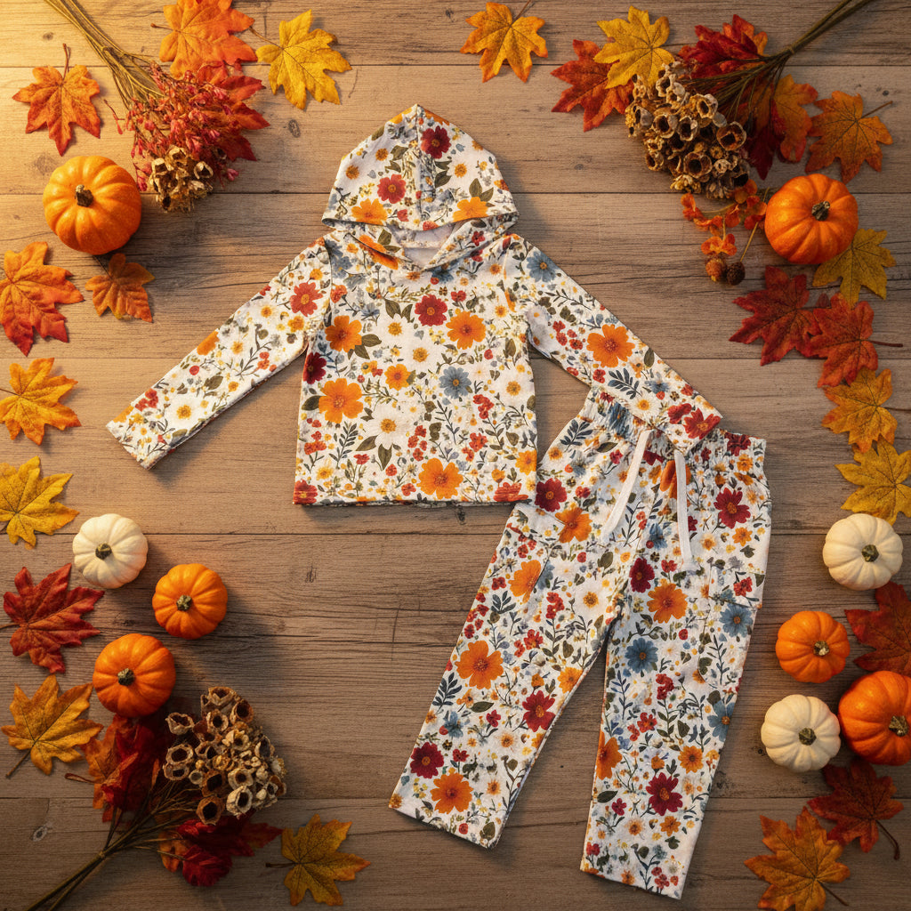 fall flower hoodie cargo pants set girls outfit