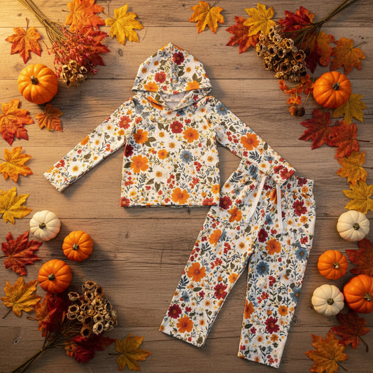 fall flower hoodie cargo pants set girls outfit