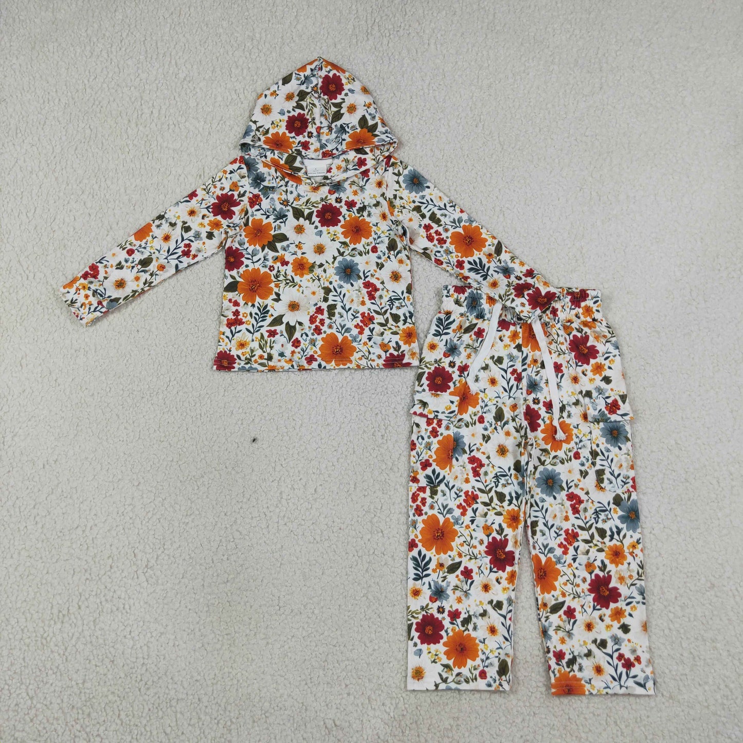 fall flower hoodie cargo pants set girls outfit