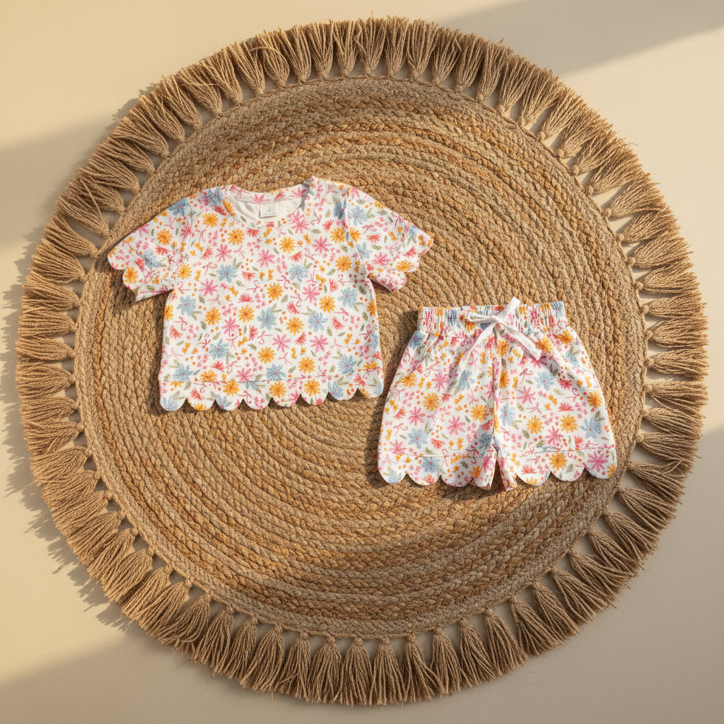 coquette flower floral scallop shorts set summer girl clothing