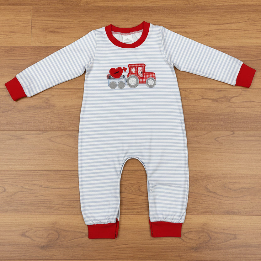 valentine gray stripes embroidered heart truck boys romper