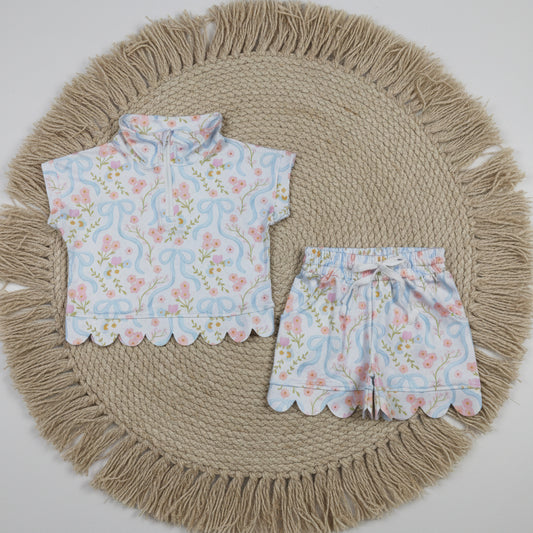 blue bow floral zipper scallop shorts set summer girl clothing