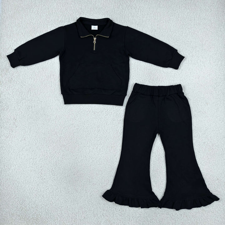 GLP3489 solid color thick sweatershirt pullover pants set black