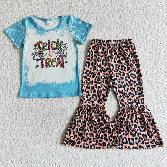 A0-24 Spider Web Top Leopard Print Flared Pants Suit D 908