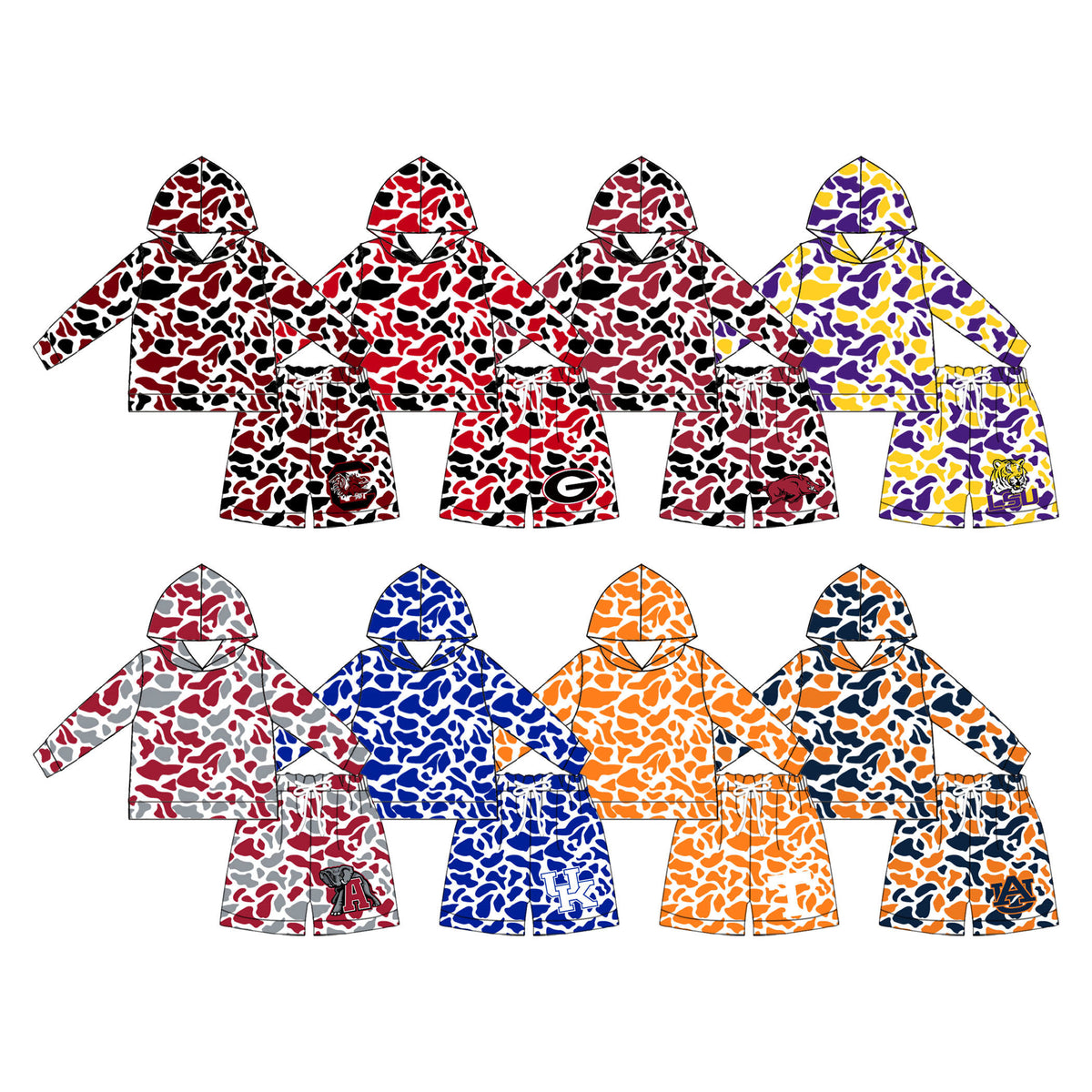 MOQ 5 one items TAT 6-8weeks 95%cotton 5%spandex custom football team camo hoodie shorts set