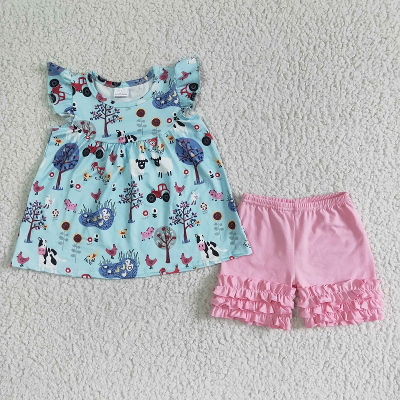 A10-14 Farm Blue Fly Sleeve Pink Shorts Set