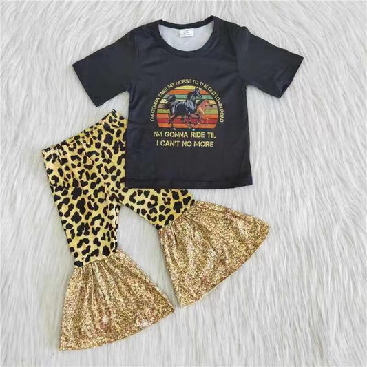 A13-14  Black horse short-sleeved top and leopard print bell bottoms suit