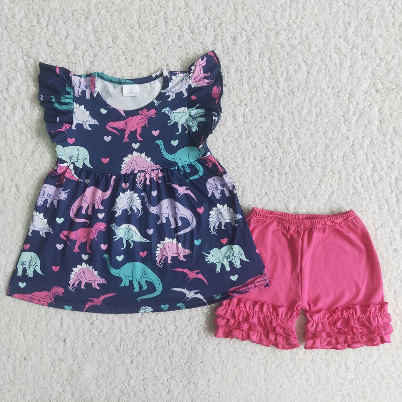 A13-16 Dinosaur Fly Sleeve Top Lace Shorts Set